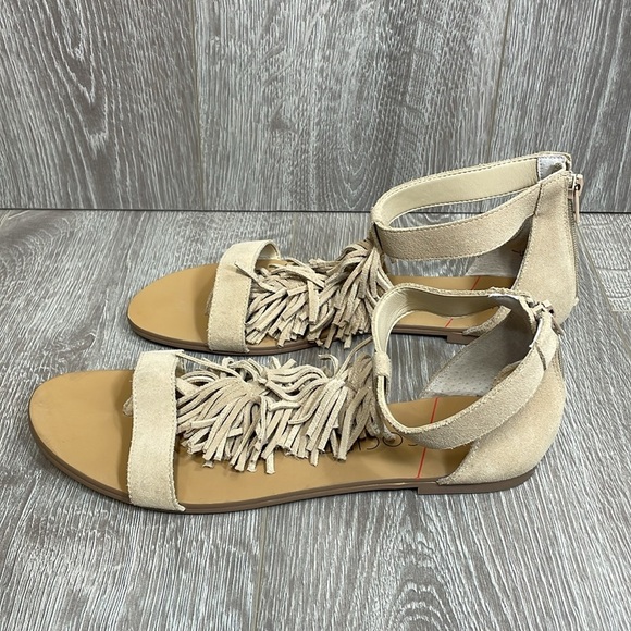 NWOT Sole Society Koa Fringe Leather T-Strap Ankle Strap Flat Sandal Caramel 8.5 - Picture 3 of 15